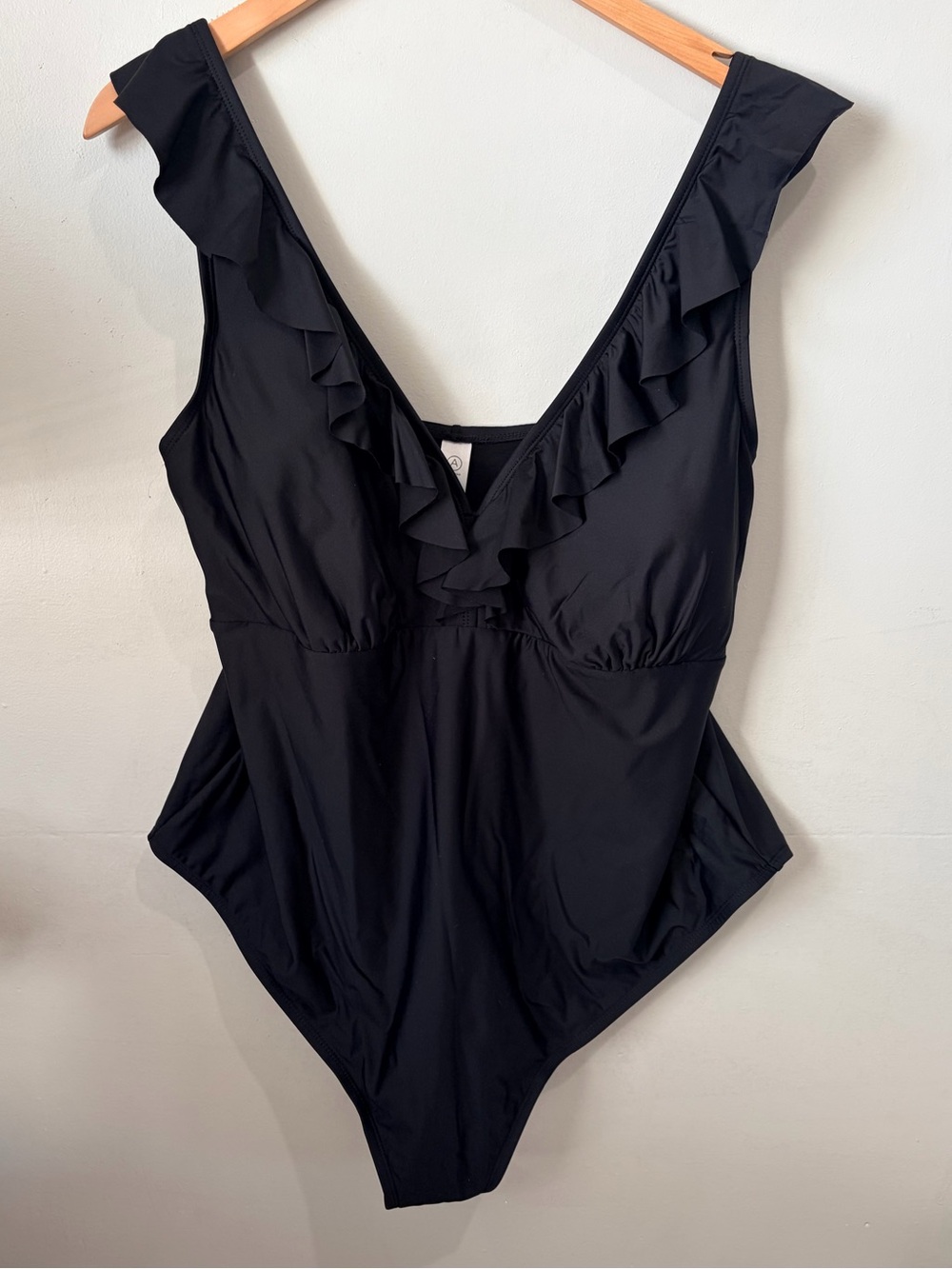 Addition Elle Plus Size 3X Black V-Neck Ruffle Trim Swimsuit Bathing Suit